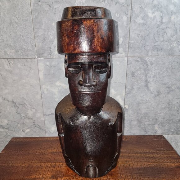 Easter Island, Rapa Nui, Hand-Carved Wooden Moai 15" , with Glyphs on Back - Picture 2 of 8